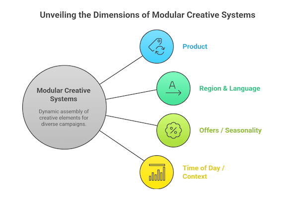 Diagram explaining the dimensions of modular creative systems, including product variations, region and language, seasonal offers, and contextual factors such as time of day