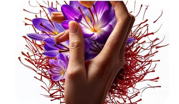 Close-up of a hand holding saffron flowers and threads, representing culturally resonant visuals often used in MENA creative and localized omnichannel campaigns