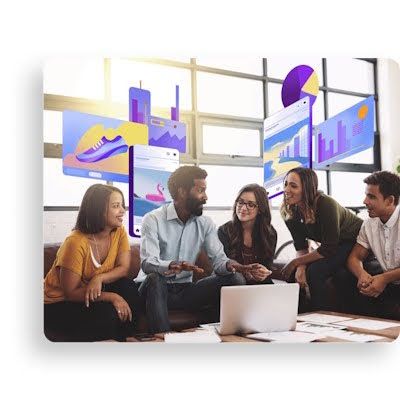 Team collaborating around a laptop with digital creative and analytics visuals floating behind them, representing cross-functional alignment in building effective omnichannel marketing strategies