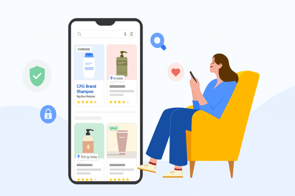 Illustration of a shopper browsing CPG products on a mobile device, showing options like curbside pickup, in-store availability, and sales—highlighting modern omnichannel retail experiences