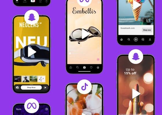 Collection of mobile video ad examples across Snapchat, TikTok, and Meta, illustrating multi-platform creative automation and dynamic optimization for omnichannel campaigns
