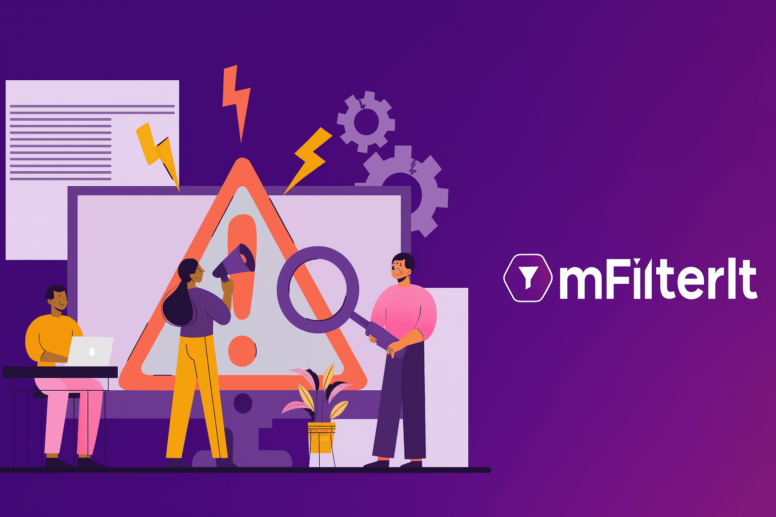 Illustration of a team identifying ad fraud and brand-safety risks, representing how tools like mFilterIt protect omnichannel campaigns from invalid traffic and unsafe placements
